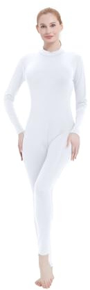 Kninmdor Women Unitard Dance Bodysuit Nude High Neck Turtleneck Jumpsuit Dancer Leotard White Full Body Suits Flesh Long Sleeves One Piece (White-M)