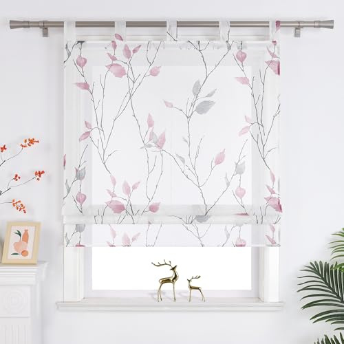 Joyswahl Raffrollo mit Schlaufen Landhausstil Raffgardinen Violett 140x140 | Schlaufenrollo Wohnzimmer, Transparent, Blatt- und Blumenmuster, 1er Pack, Fenster Vorhänge Leinenoptik, Fensterrollo innen