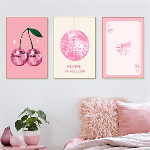 Champracer 3er Rosa Poster Set, Aesthetic Bild Deko, Ästhetische Fliege Kirsche Wandbilder, Premium Leinwand Bilder Set für Schlafsaal Teen Mädchen Zimmer Deko, Ohne Rahmen (30x40 cm,#B)