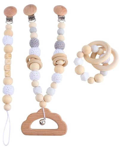 champracer 3 Stück Kinderwagen Spielzeug, Kinderwagenkette aus Holz und Baumwolle gehäkelt, Hängendes Rasselspielzeug, Niedliche Tierform Kinderwagenspielzeug, für Mädchen Junge (F)