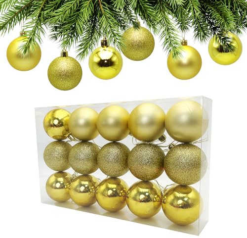 AiTodos® 15 Bolas de Navidad Juego, Bolas Doradas Navidad 6 cm, Decoración Navideña de Plástico, Utilizadas para Fiestas, Bodas, Cumpleaños, Aptas para Interiores y Exteriores(Oro)