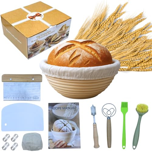 Nordkai Brotkorbchen 23 cm- 7-teiliges Sauerteig Starter Set mit rundem Garkorb &Backermesser, aus Rattan, Brot Backen Zubehor, fur Anfanger & Profis