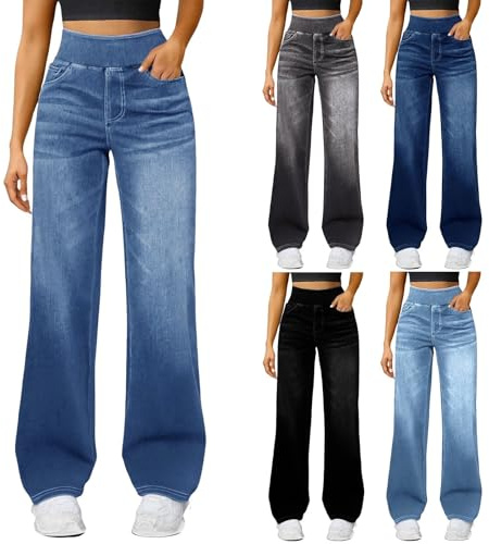 Wide Leg Jeans For Women Uk High Waist Stretch Jeans For Women Plus Size Ladies Pull On Trousers Lightweight Loose Lounge Pants With Pockets Casual Palazzo Trousers Comfy Denim Pants For Everyday Wear