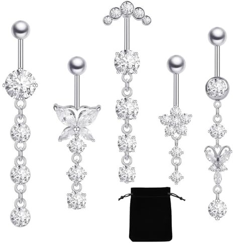 ZHuiYueyi 5 Pcs Belly Button Bars, Dangly Belly Piercing Jewellery, Long Dangle Ring For Women