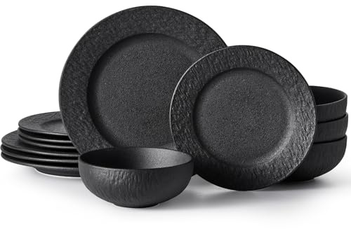 HIKAA Steinzeug Geschirrset Schwarz 4 Personen, 12-Teiligs Matte Teller Set, Hochwertiges Tafelservice Mikrowellen und Spülmaschinenfest, Kombiservice für Familienessen, Restaurants, Geschenke
