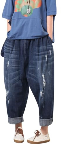 Youlee Donna Elastico Vita Ampia Leg Harem Pantaloni Foro Jeans Blu M