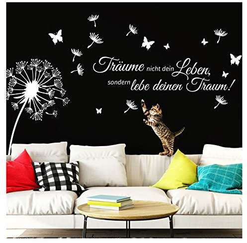 Wandaro Wandtattoo Pusteblume Träume Nicht Dein Leben I schwarz (BxH) 125 x 86 cm I Spruch Wohnzimmer Aufkleber Wandaufkleber Wandsticker Zitat W3427