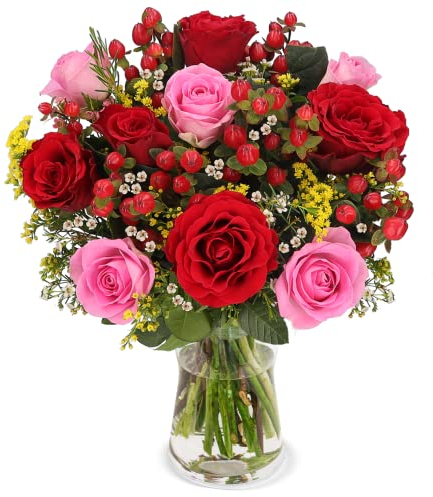 Blumenstrauß Liebeszauber, Rosaroter Rosenstrauß, Rosen, Waxflowers und Johanniskraut, 7-Tage-Frischegarantie, Qualität vom Floristen, handgebunden, perfekte Geschenkidee