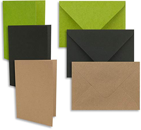 45x Kartenpaket DIN A6 / C6 Vintage Kraftpapier in Schwarz, Hellgrün, Sandbraun - Faltkarten mit Falz A6 10,5 x 14,8 cm & Umschläge C6 11,4 x 16,2 cm - Für Einladungen und Grußkarten