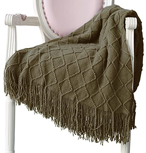 Hayisugal Wohndecke Weich Strick Wolldecke Quaste Kuscheldecke Sofadecke Schlafdecke Decke, Dunkelgrün, 125 x 210cm