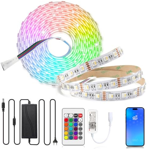 Arotelicht 5m LED Streifen RGBW 12V LED strip dimmbar warmweiß 4in1 Farbwechsel Lichterkette Lichterband mit WIFI Fernbedienung und Netzteil, 5050 SMD dimmbar, für Innen Deko Kücke Wohnzimmer