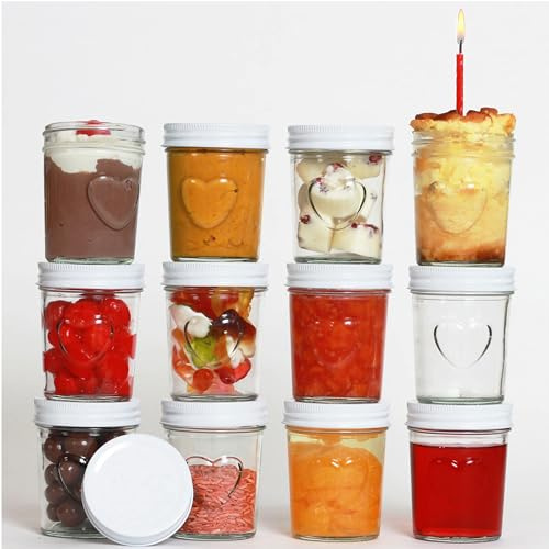 megusta!® Lot de 12 bocaux avec couvercle blanc 200 ml | Pots à confiture avec cœur embossé | Bocaux de conservation et confiture maison