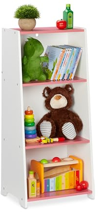 Relaxdays Scaffale per la Cameretta dei Bambini, Libreria per Libri e Giocattoli, HxLxP: 88x40x30 cm, MDF, Bianco Rosa, Fibra di Legno