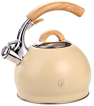 LAGUIOLE, Bouilloire Sifflante Crème, Manche en Bois, pour tous types de feux, 3 L