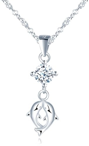CONILOK L'amour des Dauphins Colliers en Argent 925 pour Femmes Adolescentes Filles Amie Sœur Zircon Pendentif Collier Bijoux de Mode Anniversaire Noël Saint-Valentin Fête des Mères Cadeaux pour Dames