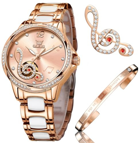 OLEVS Damenuhren Automatikuhren Mechanisch Damen Armbanduhren Damen Automatik Deluxe Keramikband Wasserdicht Musikalische Symbole Diamanten Damenarmbanduhr Sets Geschenk