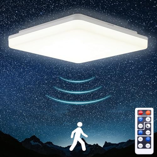 Oraymin LED Motion Detector Ceiling Light 18 W, IP54 4000 K Indoor Motion Detector Ceiling Light with Remote Control for Stairs, Cellar, Garage, Carport, Square, 22 cm