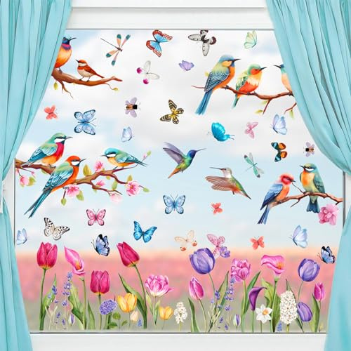 Shinybox Fensterbilder Frühling Selbstklebend, 9 Blätter Fensterbilder Frühling Sommer Schmetterlinge Deko, Blumen Wiederverwendbar, Kinderzimmer Fensterdeko Frühling(C)