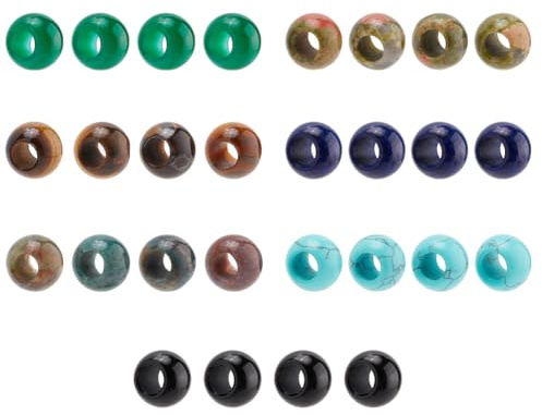 PH PandaHall 28 Stück Natursteinperlen, 7 Farben Natürliche Runde Stein Spacer Perlen Großloch Runde Perlen Glatte Perlen Amazonit Perlen Europäische Perlen für DIY Armband, Schmuckherstellung
