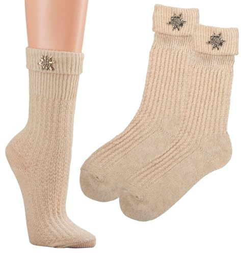 krautwear Calze tradizionali da uomo e donna, in stile rustico, con polo a stella alpina, con lino, beige, 35-38, 39-42, 43-46, 1 paio., 35-38