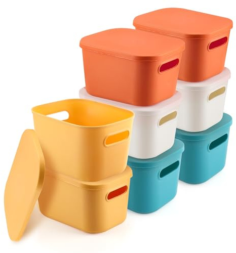 YKUKIZEE 8PCS Color Kitchen Cupboard Storage Bin with Lid Bathroom Plastic | for Shelves, Cupboard, Wardrobe, 6.5 L Bathroom Storage Bin, Stackable, 24.5x17.5x14.5cm, Multiple Color, with Lid and Handle