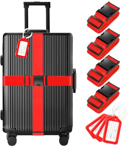 8 Pack Luggage Straps and Tags Set (4 Straps, 4 Tags), Luggage Straps for Suitcases TSA Approved Suitcase Belt Luggage Tags, Red