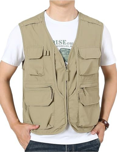 Sukany Chaleco de verano para hombre, estilo safari, pesca, viajes, trabajo, tiro, militar, ligero, sin mangas, chaleco de aventurero, con múltiples bolsillos, caqui, L