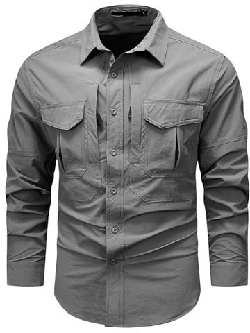Rrongwn Chemise tactique pour homme - Séchage rapide - Chemise fonctionnelle à manches longues - Respirant - Pour homme - Boutonnée - Chemise de loisirs pour la randonnée, le camping, les voyages,