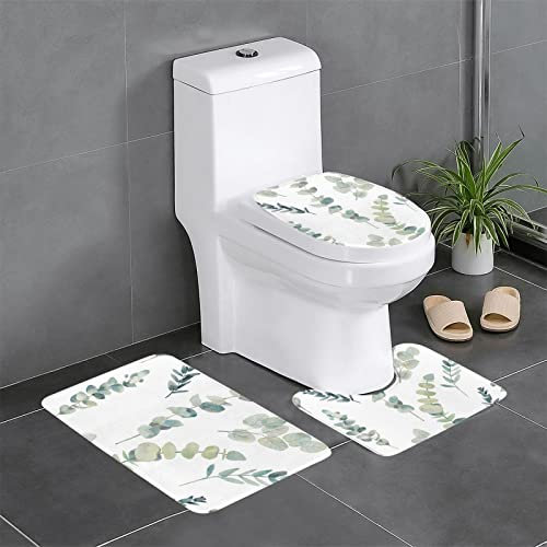 FLYIFE Badezimmermatten-Set mit Eukalyptusblättern, 3-teilig, Flanell, rutschfest, wasserabsorbierend, mit U-förmiger WC-Vorleger und WC-Deckelbezug