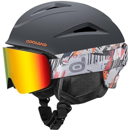 Odoland Casco da sci con occhiali - Casco Sportivo con Occhiali Protettivi per Uomini e Donne - Abbigliamento da Sci Antivento per Adulti e Giovani per Snowboard, Sci, Motoslitta Nero Arancione M