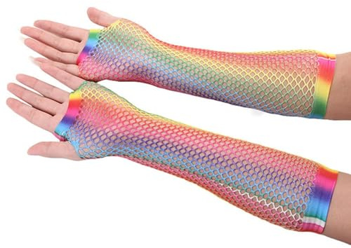 Generisch Fingerlose Regenbogen-Fischnetzhandschuhe | Fischnetz-Armstulpe,Ellenbogenlange fingerlose Netzhandschuhe für Frauen, Partyzubehör zum Tanzen, Cosplay
