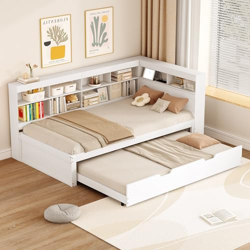 xixiworkshop Schlafsofa 90×200cm, Ausziehbares Bett 90×190cm mit USB-Steckdose und Mehreren Ablagefächern, Massivholzbett, Einzelbett, Holz-Multifunktionsbett, Sofabett Ohne Matratze (Weiß)