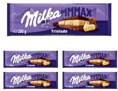 Milka Triolade 1 x 280g I Großtafel aus drei Schichten Schokolade I Alpenmilch-Schokolade, weiße und dunkle Schokolade I Milka Schokolade aus 100% Alpenmilch I Tafelschokolade (Packung mit 5)