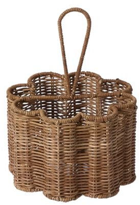 Wicker Cutlery Holder Scalloped Finish Mid-Wash Utensil Holder Cutlery Basket with Carrying Handle Dining Table Kitchen Worktop Utensil Pot Cutlery Organiser Condiment Holder