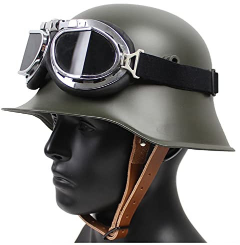 HUTRADE WW1 German M18 Steel Helmet Mit Netz Und Schutzbrille WW I Schutzhelm Hochfester Stahl Tactical German Army Military Combat Helm Mit Lederfutter Für Militärische Ausrüstung