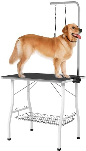 PawHut Hundepflegetisch, Trimmtisch für Hunde, klappbar Schertisch, Haustierpflegetisch mit Netzkorb, Schlingen, für Haartrocken, Haarschneiden, bis 40kg belastbar Schwarz+Weiß