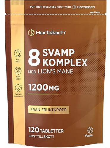 Svamp Komplex 1200 mg | Mushroom Complex Vegan | Komplex av Lejonman Chaga Cordyceps Reishi Shiitake Maitake Lurvig Man och Ostron | 120 Veganska Kapslar | Horbaach