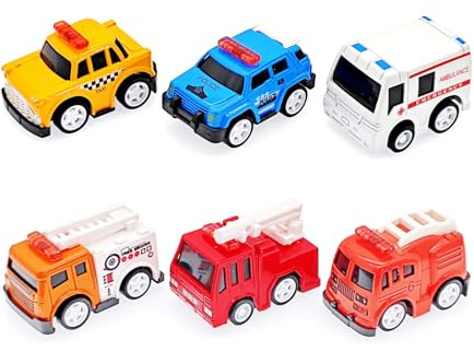 JZK 6X Kleine Rückziehautos für Kleinkinder, Mini-Spielzeugautos Metalllegierung für Kinder ab 3 Jahren Jungen Mädchen, Polizeiauto Feuerwehrauto Taxi Krankenwagen, Gastgeschenke Geburtstagspartys