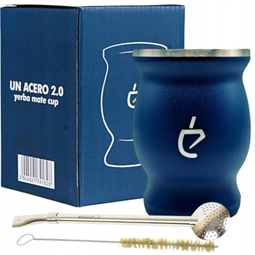 UN MATE Ensemble de Démarrage Yerba Mate - Tasse en Inox 230 ml, Bombilla Inox 16,5 cm, Brosse de Nettoyage et Coffret Cadeau Élégant (Bleu)