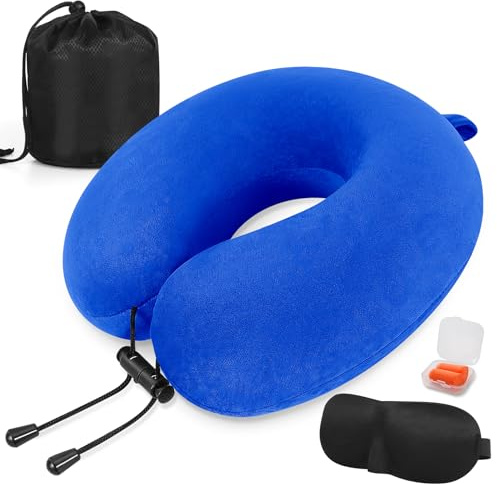 iophi Nackenkissen Flugzeug, Nackenhörnchen Memory Foam, Ergonomisch Gestaltetes Reisekissen, Nackenkissen Reise mit Schlafmaske, Ohrstöpsel, Tasche Ideal für Reisen, Flugzeug, Büro und Haus (Blau)