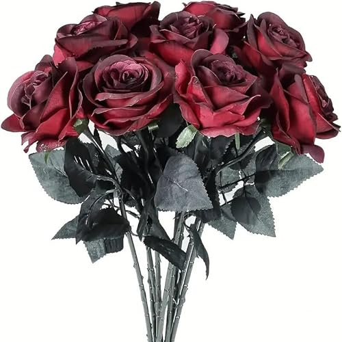 Gothic Artificial Roses, Deep Red and Black, Realistic Silk Flowers for Halloween, Gothic Decor (Red)
