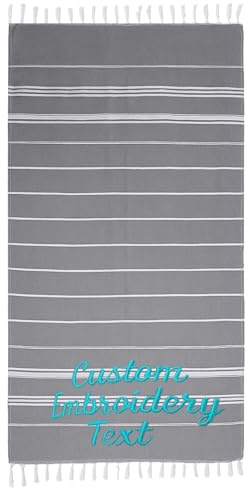 CHARMMYFASHION Hamamtuch Strandtuch Personalisiert mit Stickerei, 95x180cm, 100% Baumwolle,Personalisiertes Türkisches Strandtuch mit Name Badetuch, für Strand, Sauna, Yoga, Fitness (Grau)