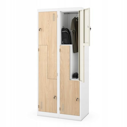 Jan Nowak Umkleideschrank Z02 Spind mit 4 Abteilen Kleiderspind Metallschrank Flügeltür Lüftungsschlitzen Pulverbeschichtung 185 cm x 80 cm x 45 cm (Weiß-Holz)