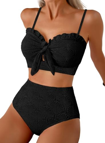 Herseas Women's Seashell Textured Black Bikini Sets Knotted Front High Waisted 2 Piece Swim Suit Ruffle Trim Slimming Bathing Suits Modest Cruise Essentials 2026 X-Large