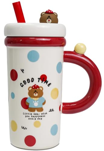 Mugtide Tasse en Céramique, avec de Jolies Petites Choses à l'intérieur du Couvercle, Tasse à Eau avec Couvercle, Paille, Jolie Tasse à Café, Idéale Comme Cadeau Familial, 800 ML (Ours)