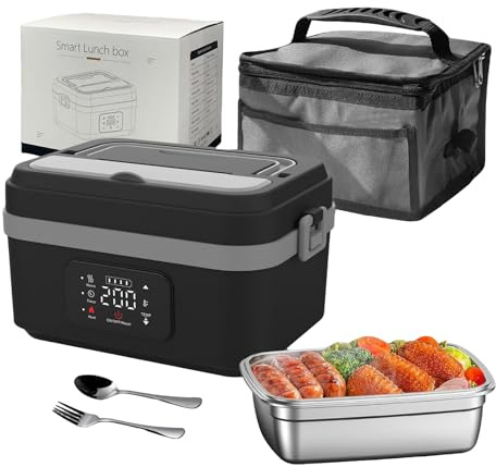 Kouamor Boîte à déjeuner électrique 1 l - Chauffante - Avec batterie, isolée et auto-chauffante, écran LED, acier inoxydable 304, avec récipients de rangement (B)