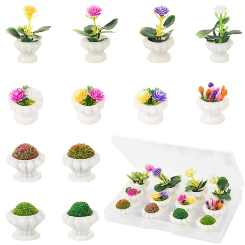UHOMENY 12pcs Mini Flowers Vase Bouquet White Potted Plants Tiny Fairy Garden Dollhouse Floral Accessories Kits for DIY Crafts Miniature Flowers Figurines Fake Plant Pots Car Cake Terrarium Landscape
