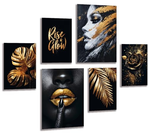 LAVEMA Poster Set Gold Schwarz - Moderne Wandbilder Wohnzimmer & Schlafzimmer Bilderwand Ästhetische Deko Elegante Bilder Glamour Abstract Luxuriöse Wanddeko Blätter Pflanzen (ohne Bilderrahmen)
