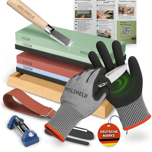 HOLZHELD - Schleifstein Set & Schnittschutzhandschuhe Gr. M - Schleifstein Stechbeitel schärfen - Schleifset mit Schnittfeste Handschuhe - Schleifset & Schutzhandschuhe Schnittfest für Schnitzen