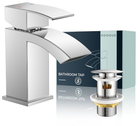 FORIOUS® Bathroom Sink Taps Waterfall, Basin Tap 60mm Spout Height, Chrome | with Pop-Up Waste, Single Lever, Hot and Cold Mixer, Square Design for Modern Bathroom